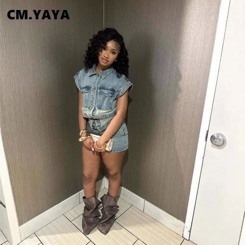 Women's Set Short Sleeve Jackets Tops and Shorts Jeans 2025 Summer.